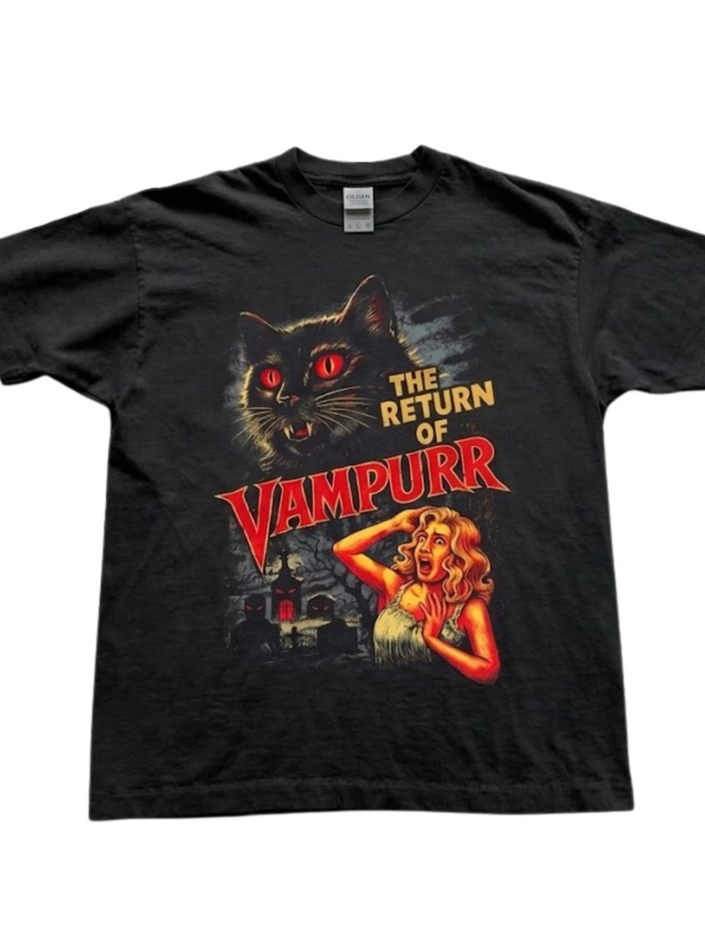 Gildan Black 'The Return of Vampurr' Graphic Cat Tee
